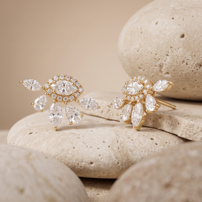 Marquise Pear Cluster Stud Earrings in 14K Yellow Gold