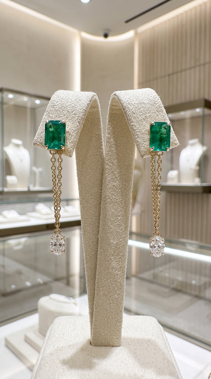 Emerald Drop Oval Diamond Chain Earrings in 14K Yellow Gold