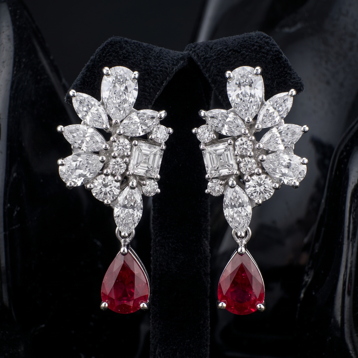 Floral Cluster Diamond Ruby Drop Earrings in 18K White Gold