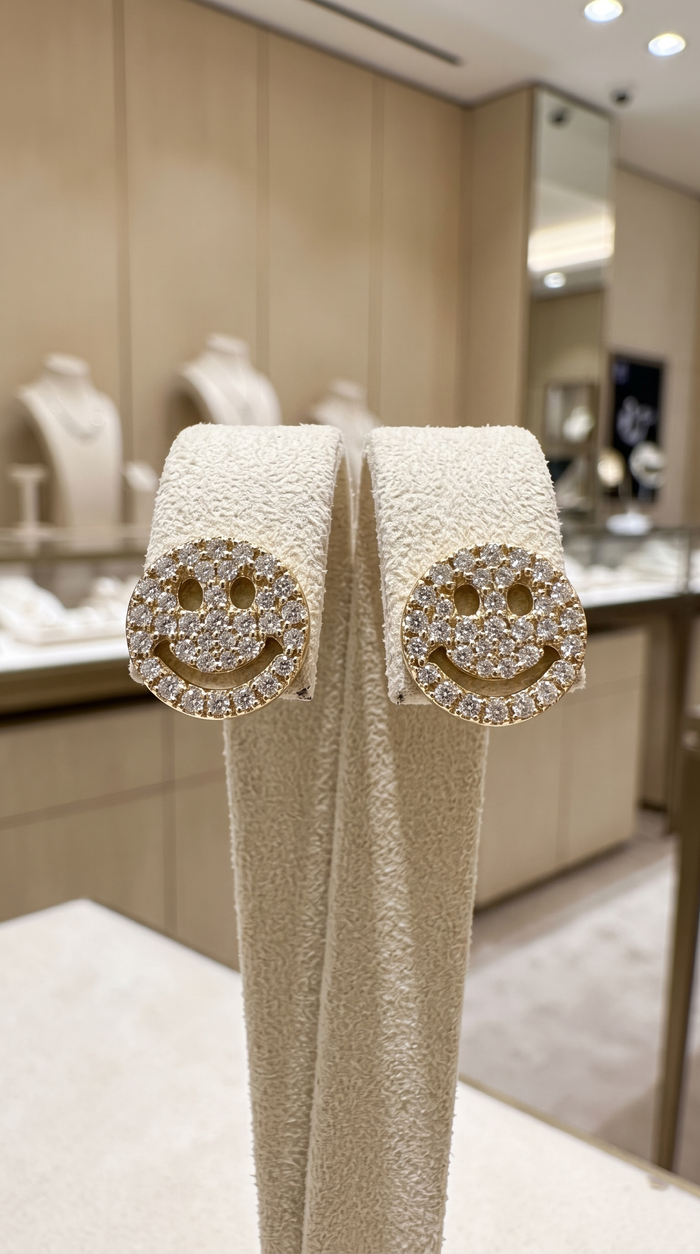 Smiley Face Diamond Stud Earrings in 14K Yellow Gold