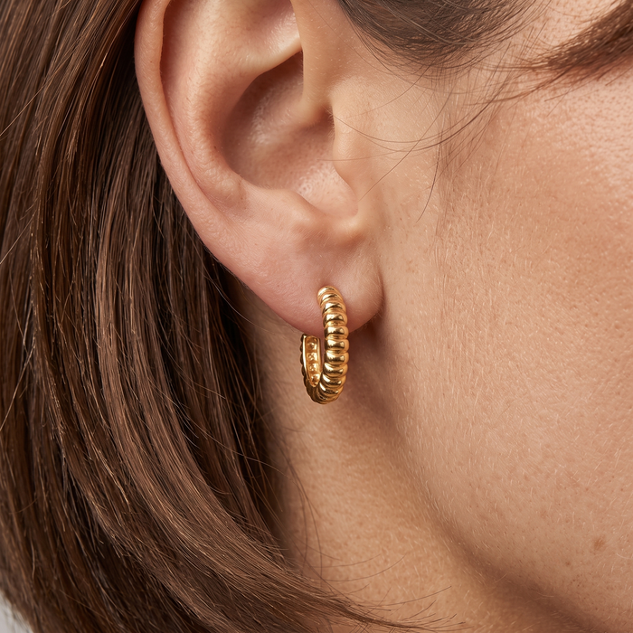 Ribbed Dome Textured Hoop Earrings in 18K Yellow Gold