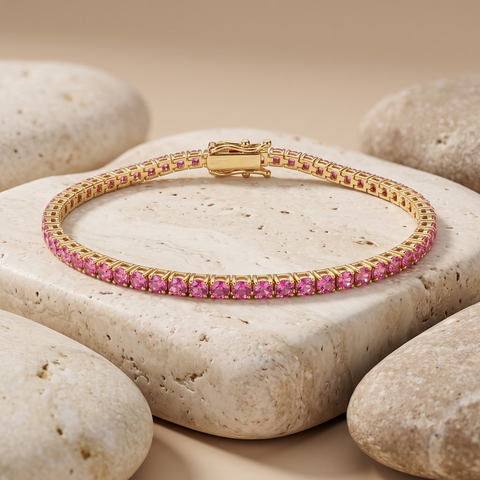 Luxurious Pink Sapphire 14K Yellow Gold Tennis Bracelet