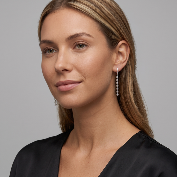 Diamond Huggie Chain Drop Earrings in 14K White Gold