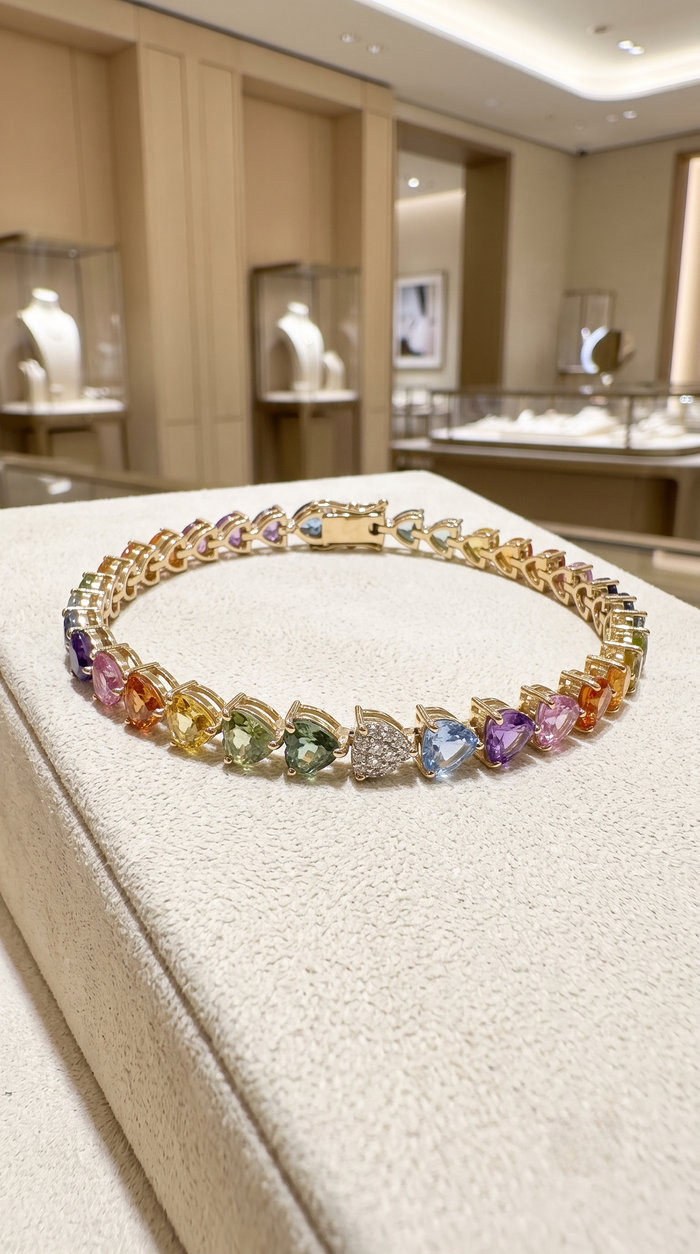Celestial Heart Rainbow Sapphire & Diamond 14K Gold Tennis Bracelet
