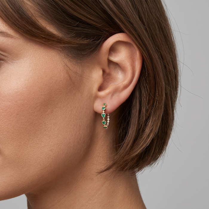 Emerald Embrace Heart Hoop Earrings in 14K Yellow Gold