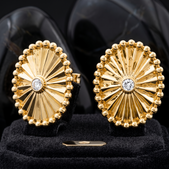 Radiant Beaded Oval Diamond Stud Earrings in 14K Yellow Gold
