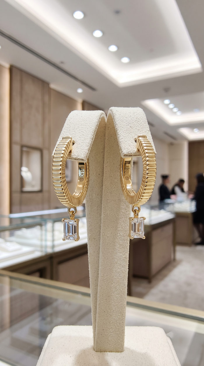 Emerald Cut Drop Charm Huggie Earrings in 14K Yellow Gold