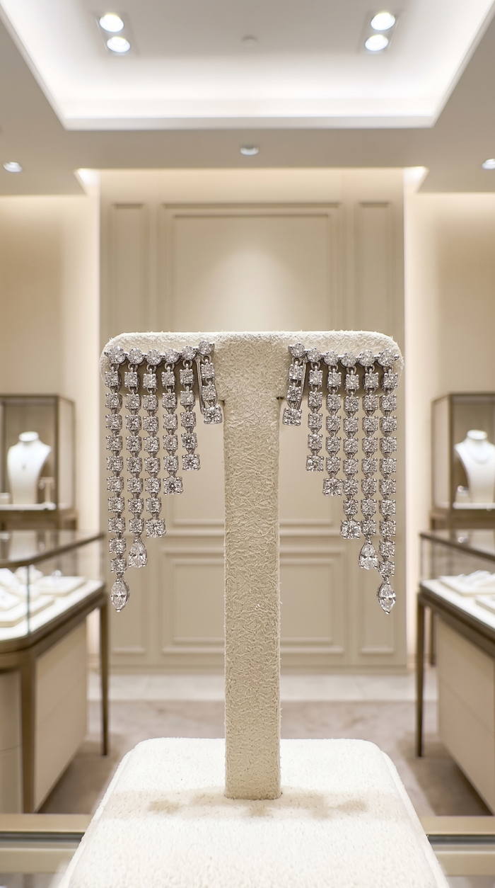 Multi Row White Sqaue 14K Diamond Dangling Earrings