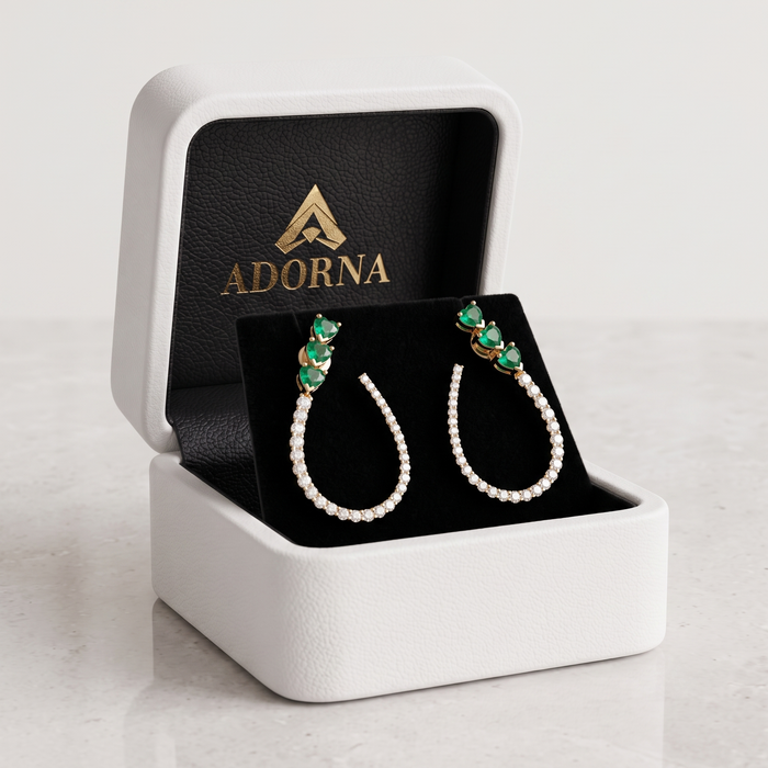 Trio Heart Emerald 14K (or 18k upon request) Yellow Gold Diamond Drop Earrings