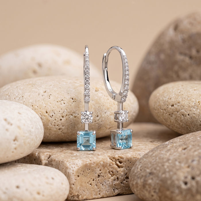 Skyline Aquamarine Diamond Drop Earrings in 18K White Gold