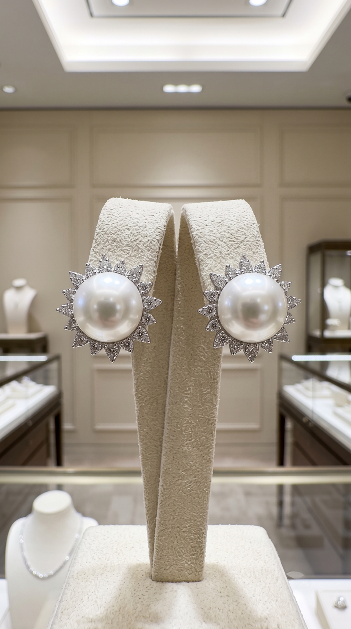 Pearl Halo 14K White Gold Statement Diamond Earrings