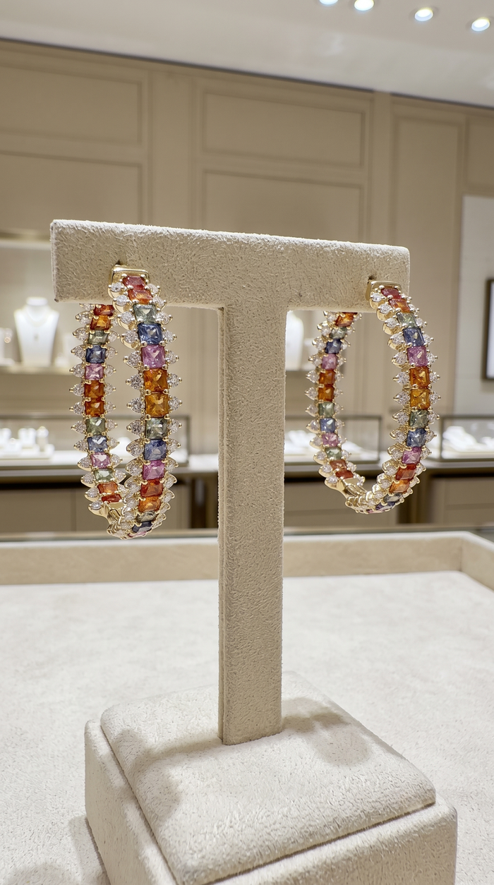 Rainbow Sapphire Pave Hoop Earrings in 14K Yellow Gold