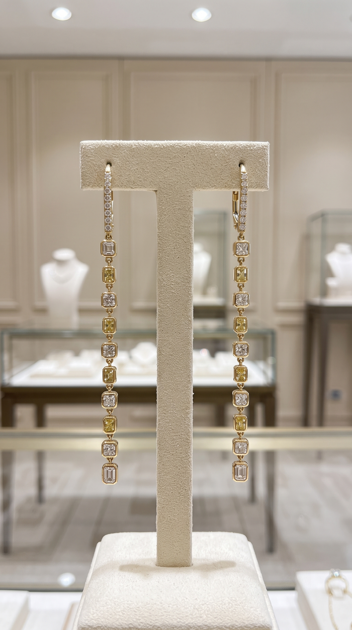 Asscher and Emerald Cut Diamond Delicate Modern Earrings in 18K Yellow Gold