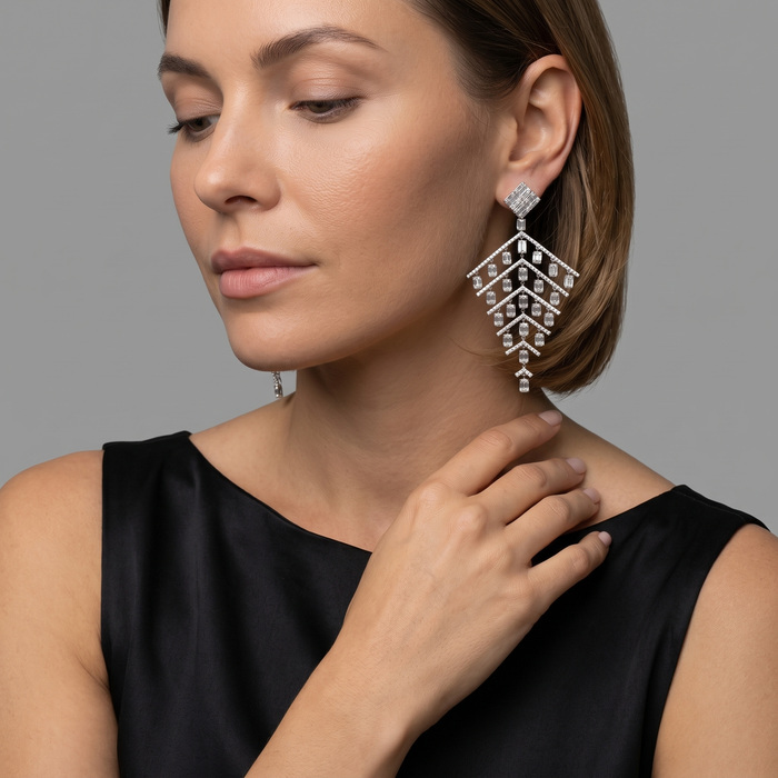 Round Diamonds Chandelier Earrings in 18K White Gold