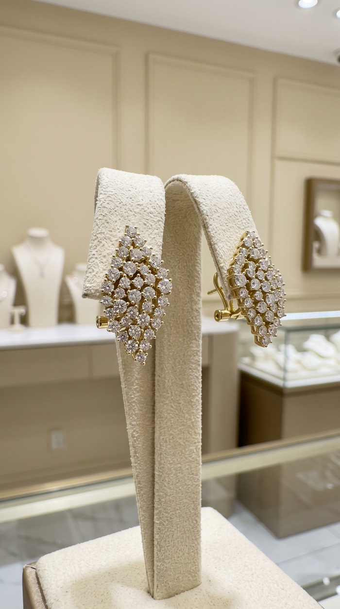 Radiant Cluster Diamond Leaf Earrings in 14K Yellow Gold