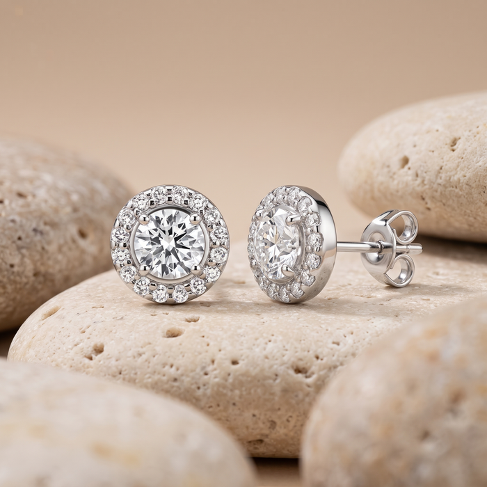 Round Cut Baguette Diamond Earrings in 14K White Gold