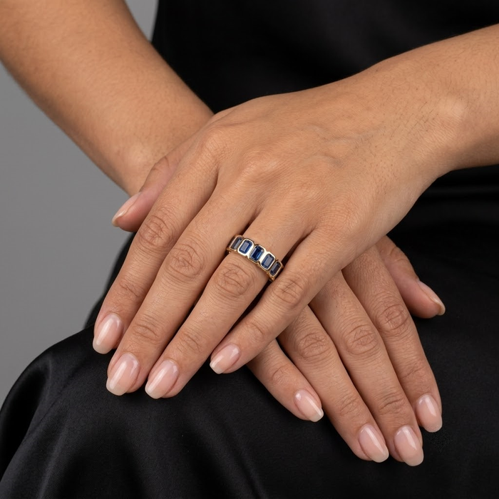 Royal Blue Emerald-Cut Sapphire Eternity Band Ring in 14K Yellow Gold