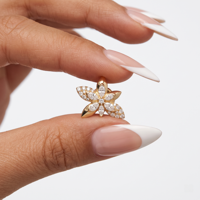 Marquise Diamond Five Petal Flower Stud Earrings in 14K Yellow Gold