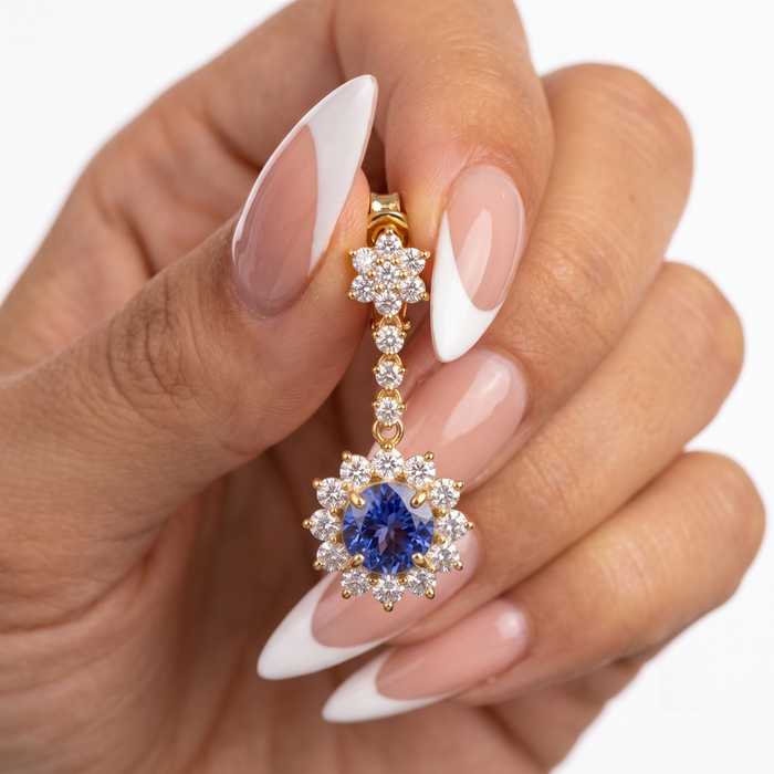 Blue Sapphire Halo Drop Earrings in 14K Yellow Gold