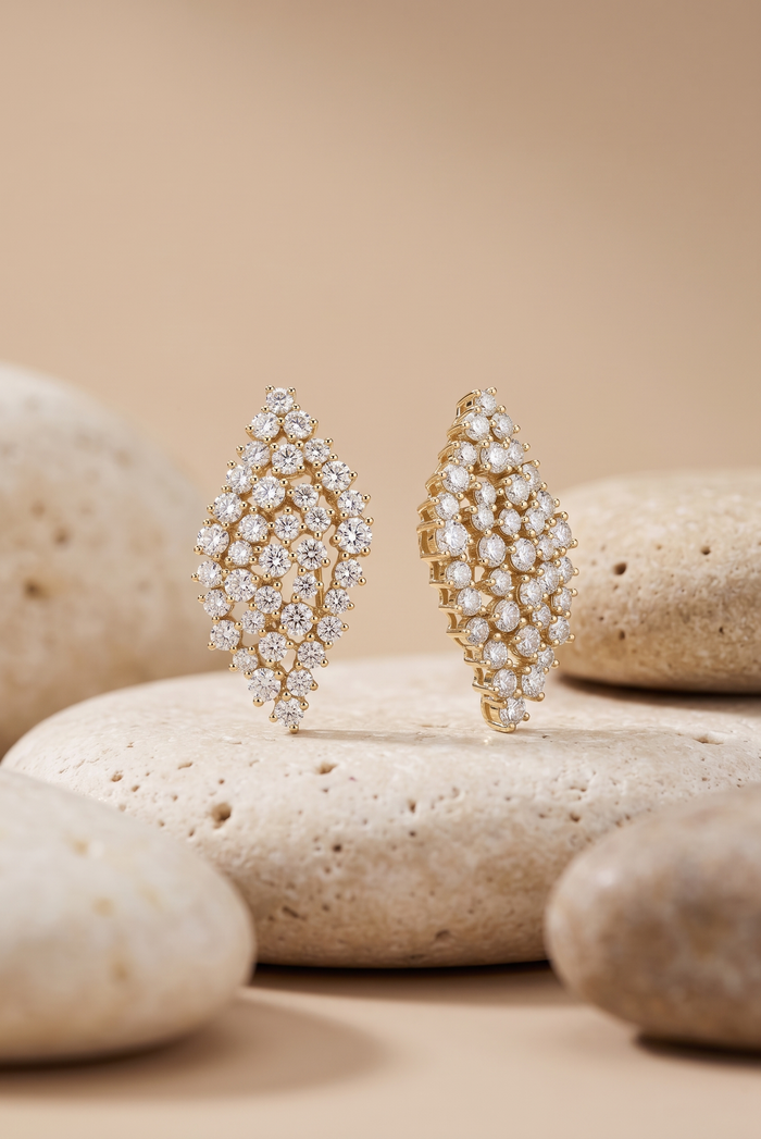 Radiant Cluster Diamond Leaf Earrings in 14K Yellow Gold