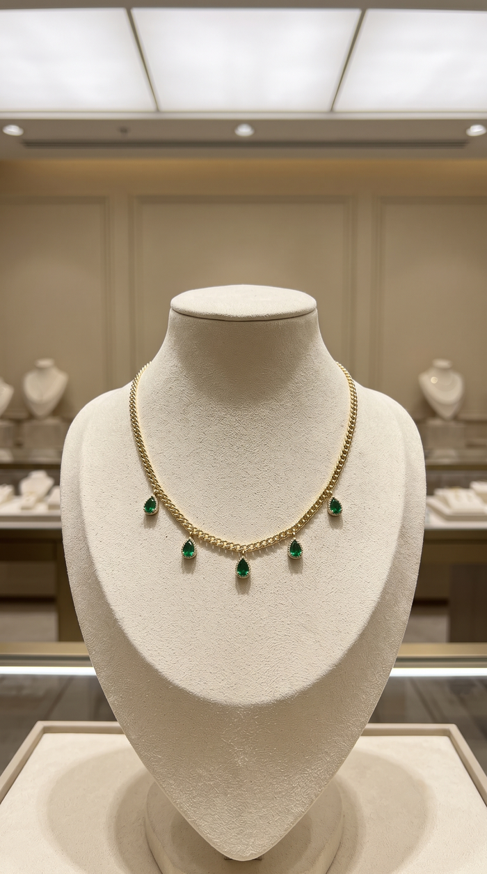 Emerald Teardrop Charms Chain Necklace in 14K Yellow Gold