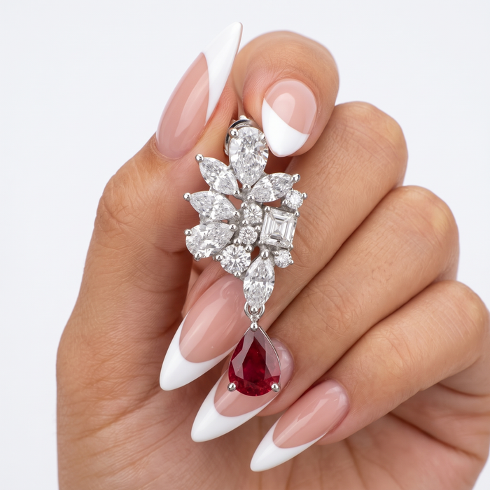 Floral Cluster Diamond Ruby Drop Earrings in 18K White Gold