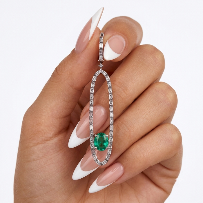 Blackened Oval Drop Green Emerald Earrings in 18K White Gold