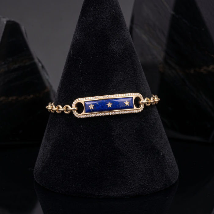 Lapis Inlay Diamond Frame Star Bar Charm Bracelet in 14K Yellow Gold