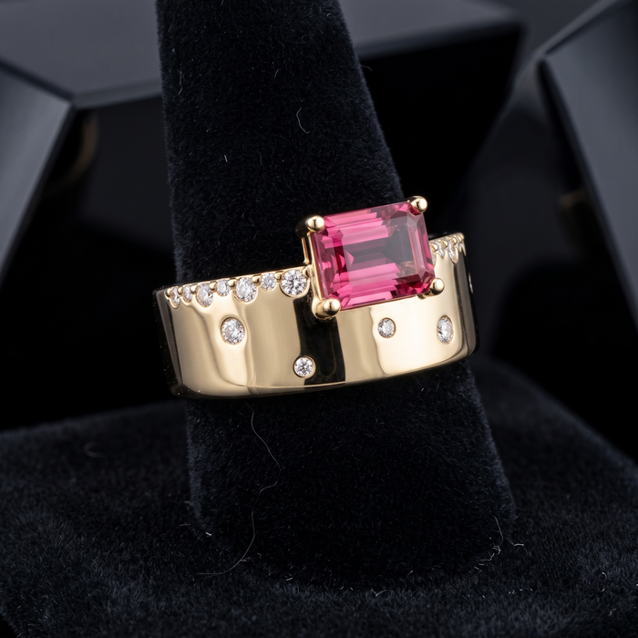 Emerald-Cut Pink Tourmaline Diamond Ring in 14K Yellow Gold