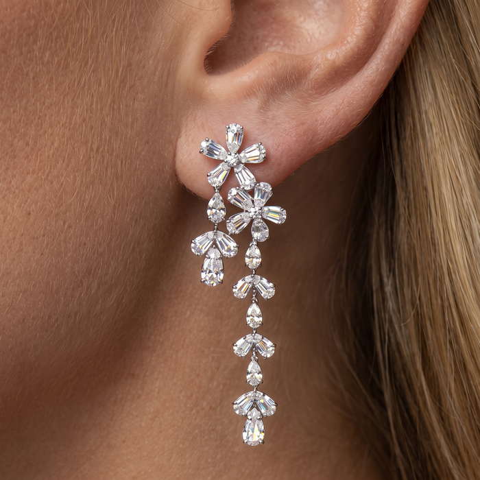 Round Baguette Round Diamond Earrings in 18K White Gold
