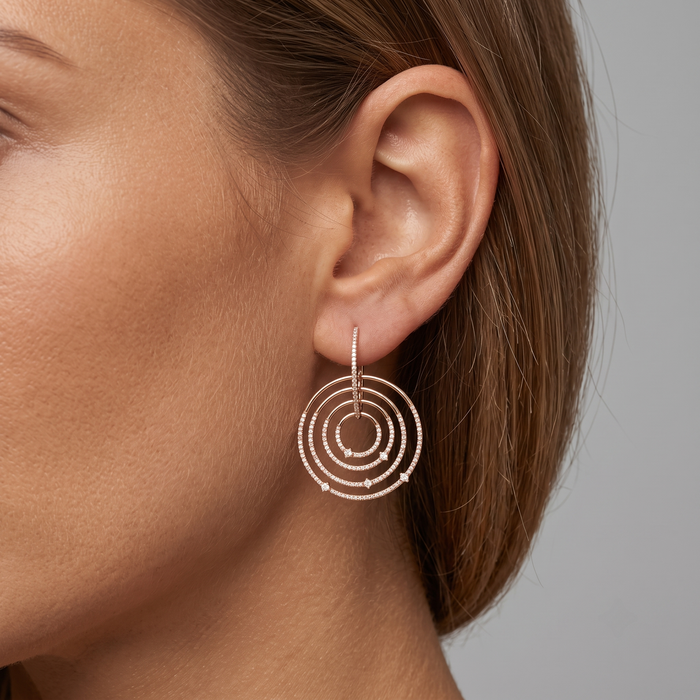 Concentric Circle Diamond 14K (or 18k upon request) Yellow Gold Drop Earrings