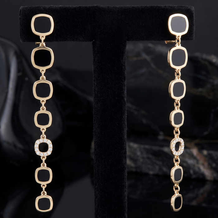 Diamond Black Enamel Drop Earrings in 14K Yellow Gold