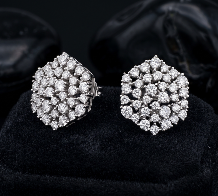Radiant Diamond Floral Stud Earrings in 14K White Gold