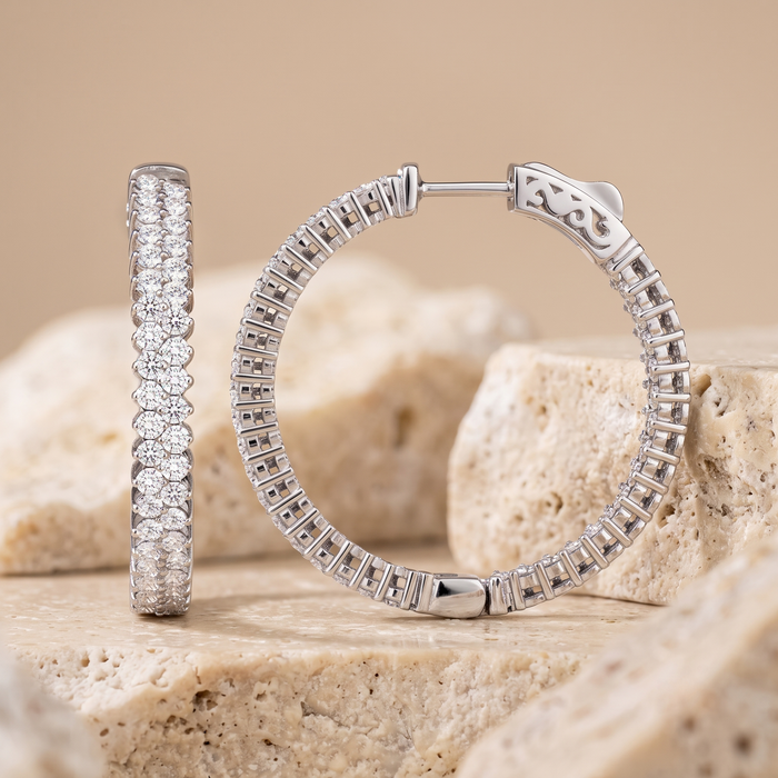 Double Row Round Diamond Hoop Earrings in 14K White Gold