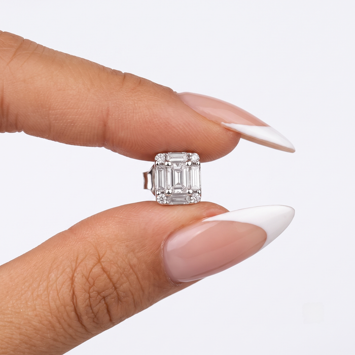 Asscher Cut Diamond Stud Earrings in 14K White Gold