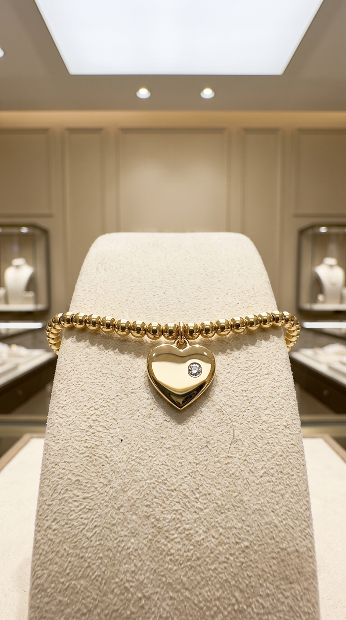 Beaded Heart 14K Charm Diamond Accent Bracelet