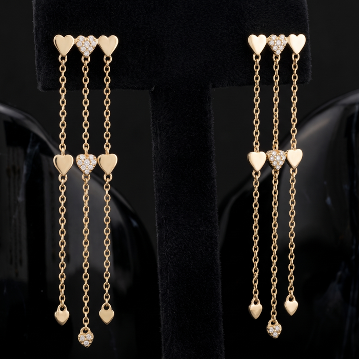 Triple Heart Dangle Diamond 14K (or 18k upon request) Yellow Gold Drop Earrings