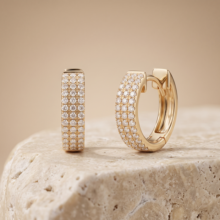 Triple Row Diamond Pavé Huggie Earrings in 14K Yellow Gold