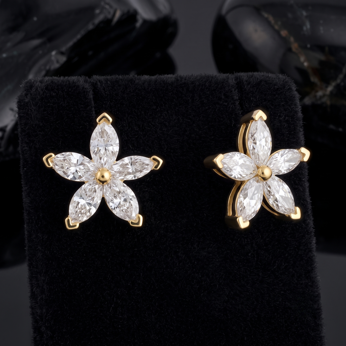 Marquise Star Diamond Flower Stud Earrings in 18K Yellow Gold