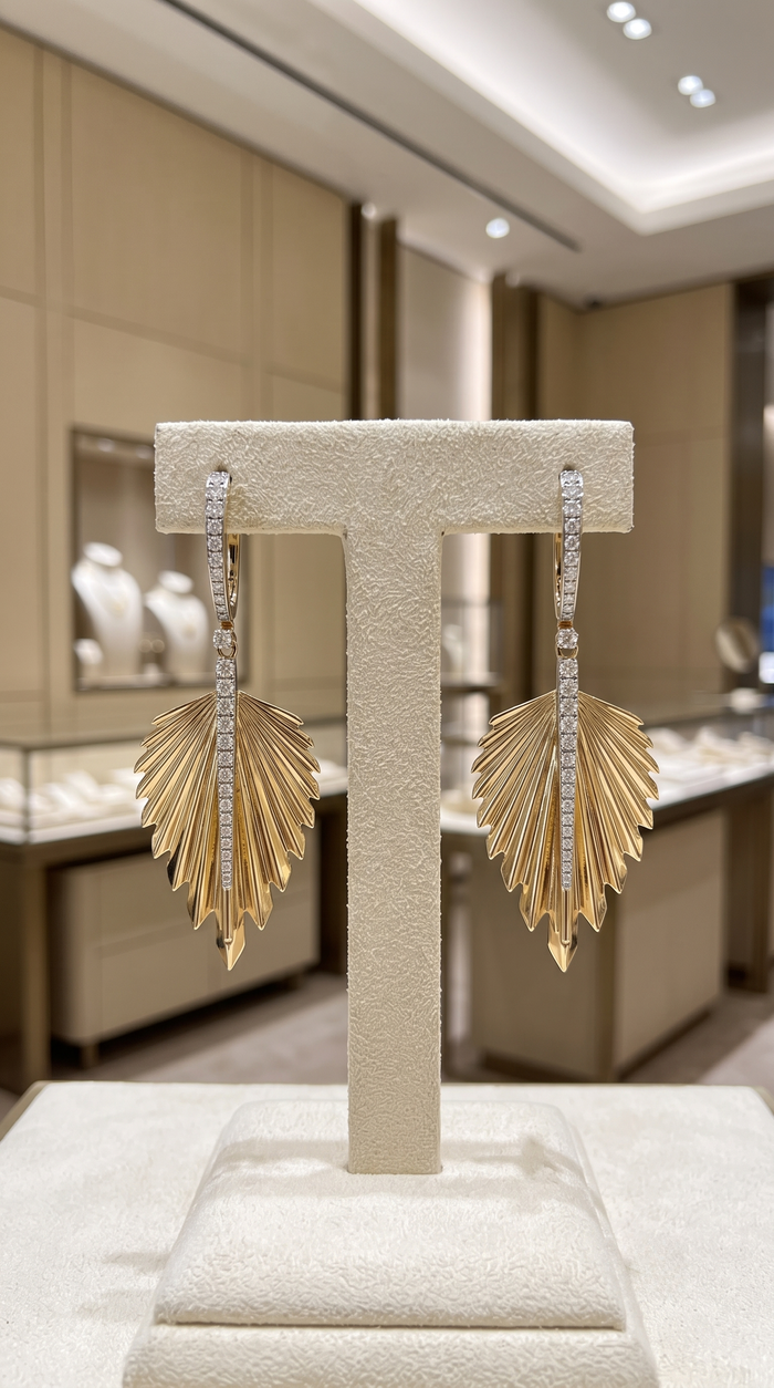 Radiant Leaf 14K (or 18k upon request) Yellow Gold Diamond Drop Earrings