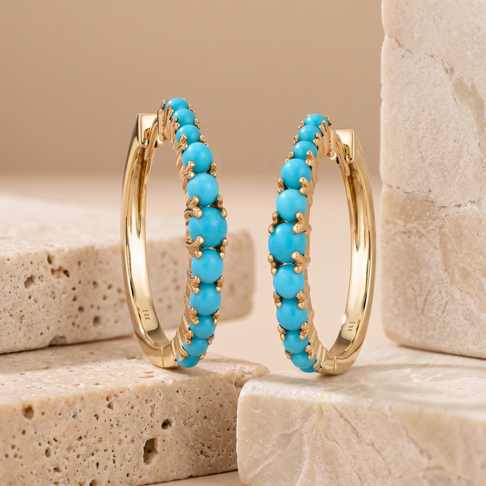 Turquoise Diamond Topaz Hoop Earrings in 14K Yellow Gold