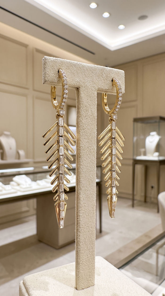 Diamond Spine Drop Statement Earrings in 14K Yellow Gold
