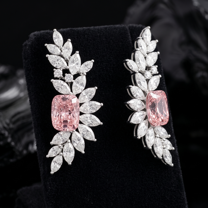 Pink Diamond 14K Gold Leaf Drop Earrings