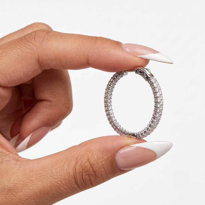 Double Row Round Diamond Hoop Earrings in 14K White Gold