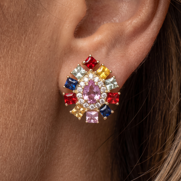 Multi-Sapphire Diamond Stud Earrings in 14K Yellow Gold