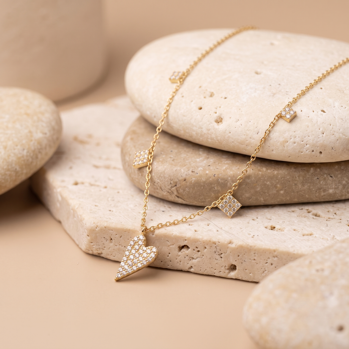 Asymmetrical Diamond Heart Necklace in 14K Yellow Gold