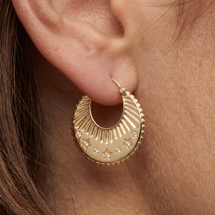 Celestial Etched Starburst Hoop Earrings in 14K Yellow Gold