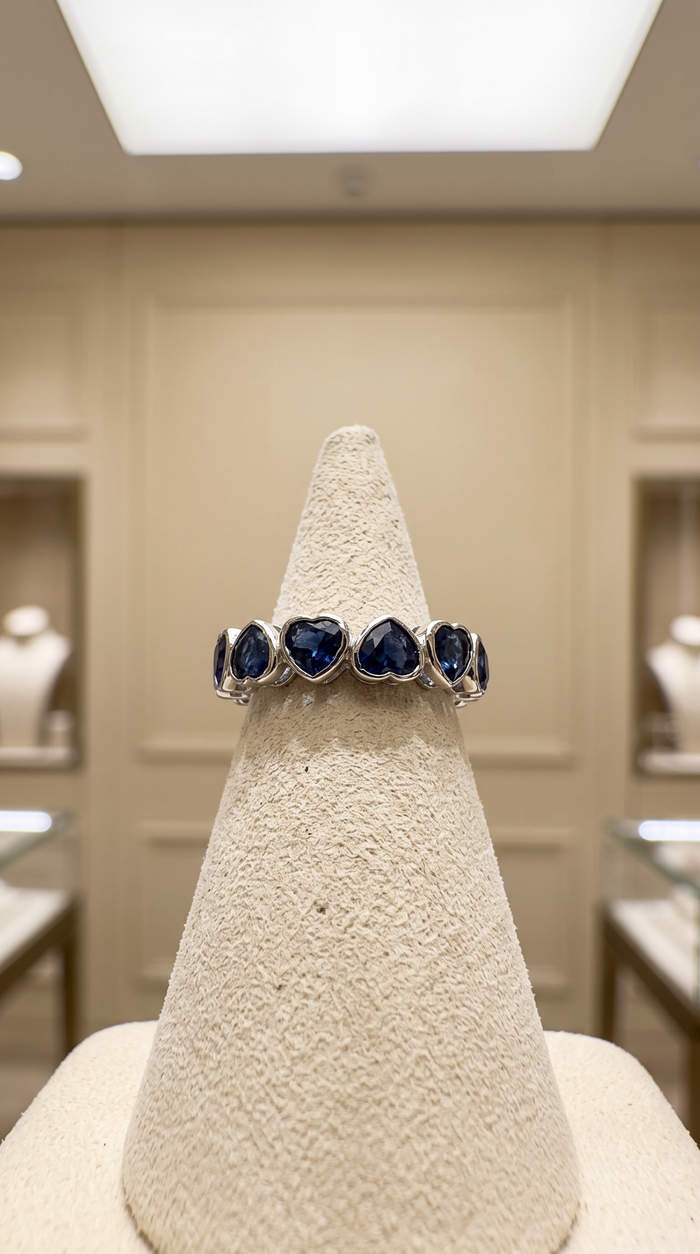 Heart Blue Sapphire 14K White Gold (18K Custom) Bezel Eternity Ring