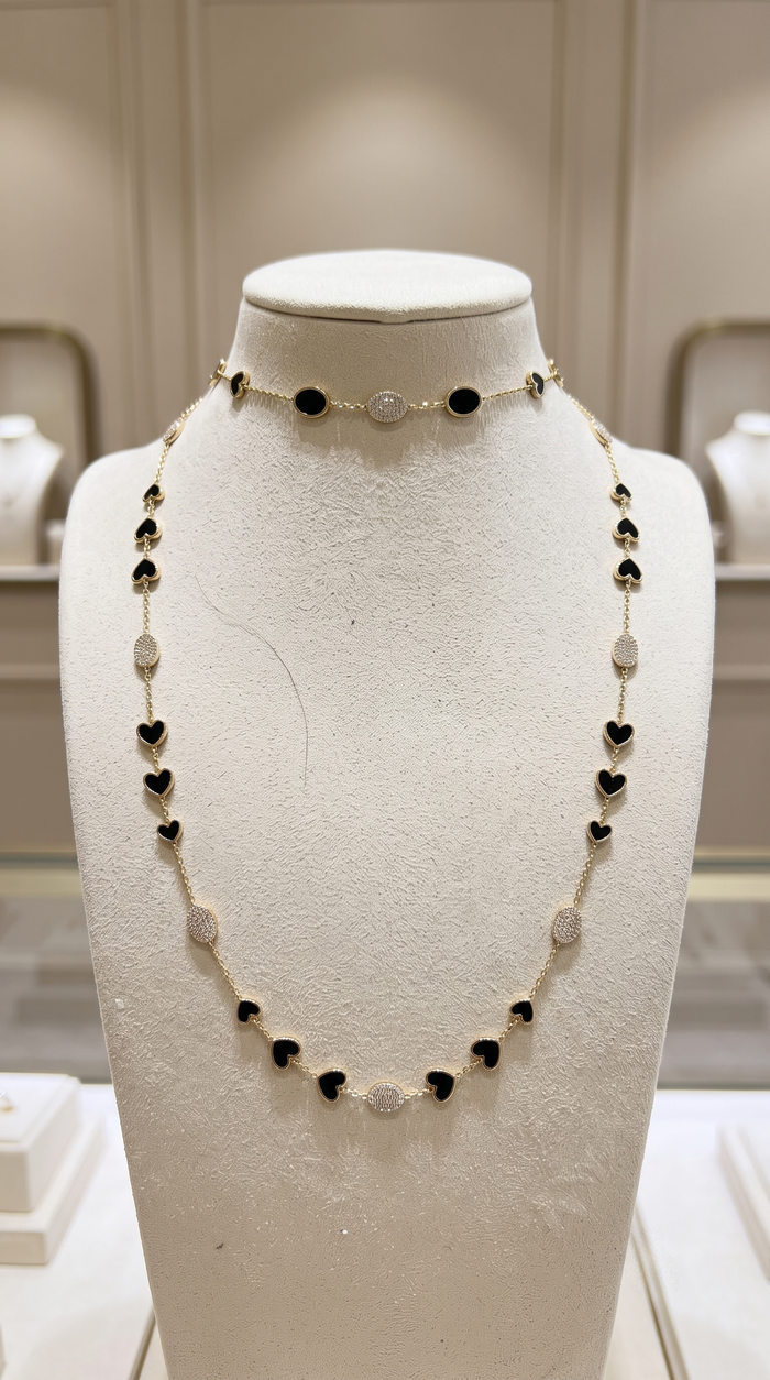 Diamond Black Enamel Station Necklace in 14K Yellow Gold