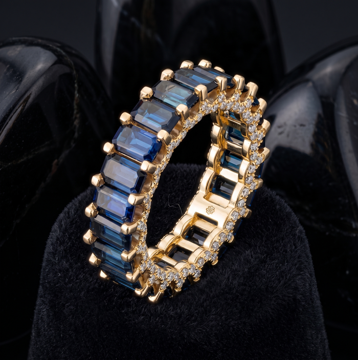 Emerald-Cut Royal Blue Sapphire Eternity Ring in 14K Yellow Gold